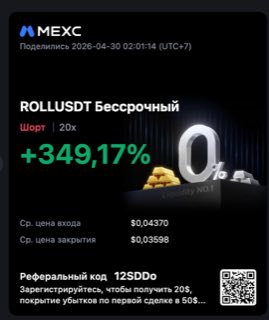 ROLLUSDT · шорт 20x · +349,17% · 30.04.26