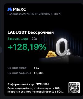 LABUSDT · шорт 20x · +128,19% · 06.05.26