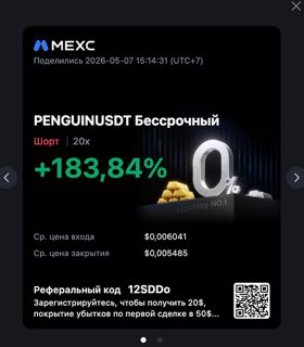 PENGUINUSDT · шорт 20x · +183,84% · 07.05.26