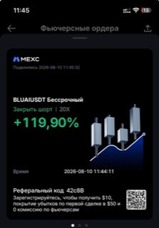 BLUAIUSDT · шорт 20x · +119,90% · 10.08.26